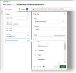 Screenshot showing employment status filter with fields completed